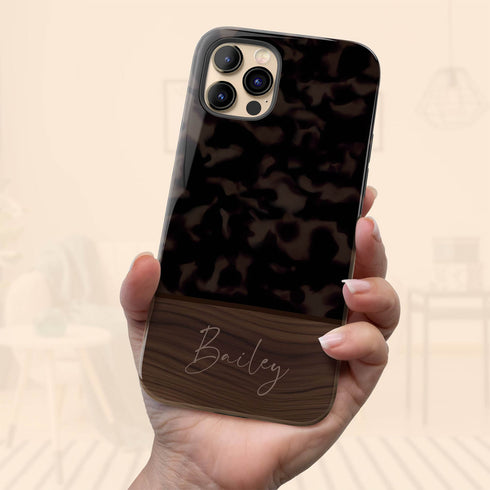 Custom Wood Name Dark Tortoiseshell iPhone Case